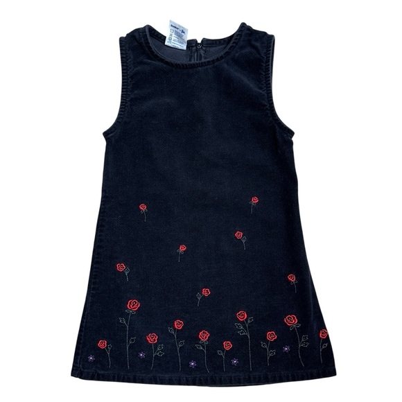Vintage Osh Kosh B’gosh Black Corduroy Rose Print Sleeveless Dress Girls 5 - Picture 1 of 7